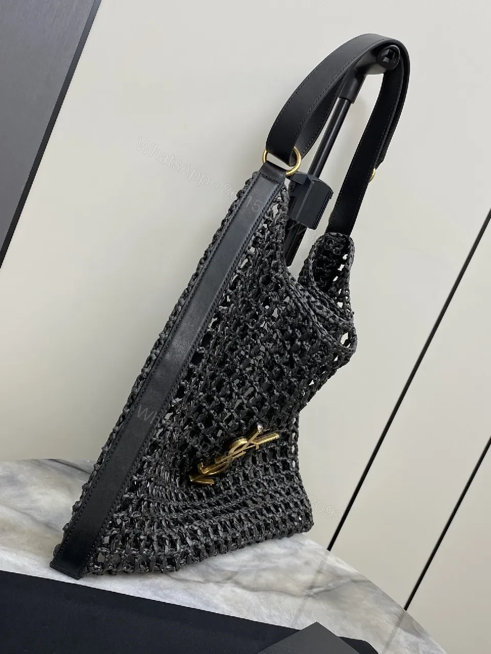 View 9 of Open-Weave Tote: Textured Luxury with Gold Charm, Tote Bag