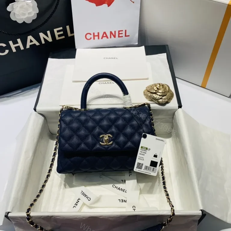 Navy Quilted Bag with Gold Chain - Luxe Chanel-Inspired Tote — view 1