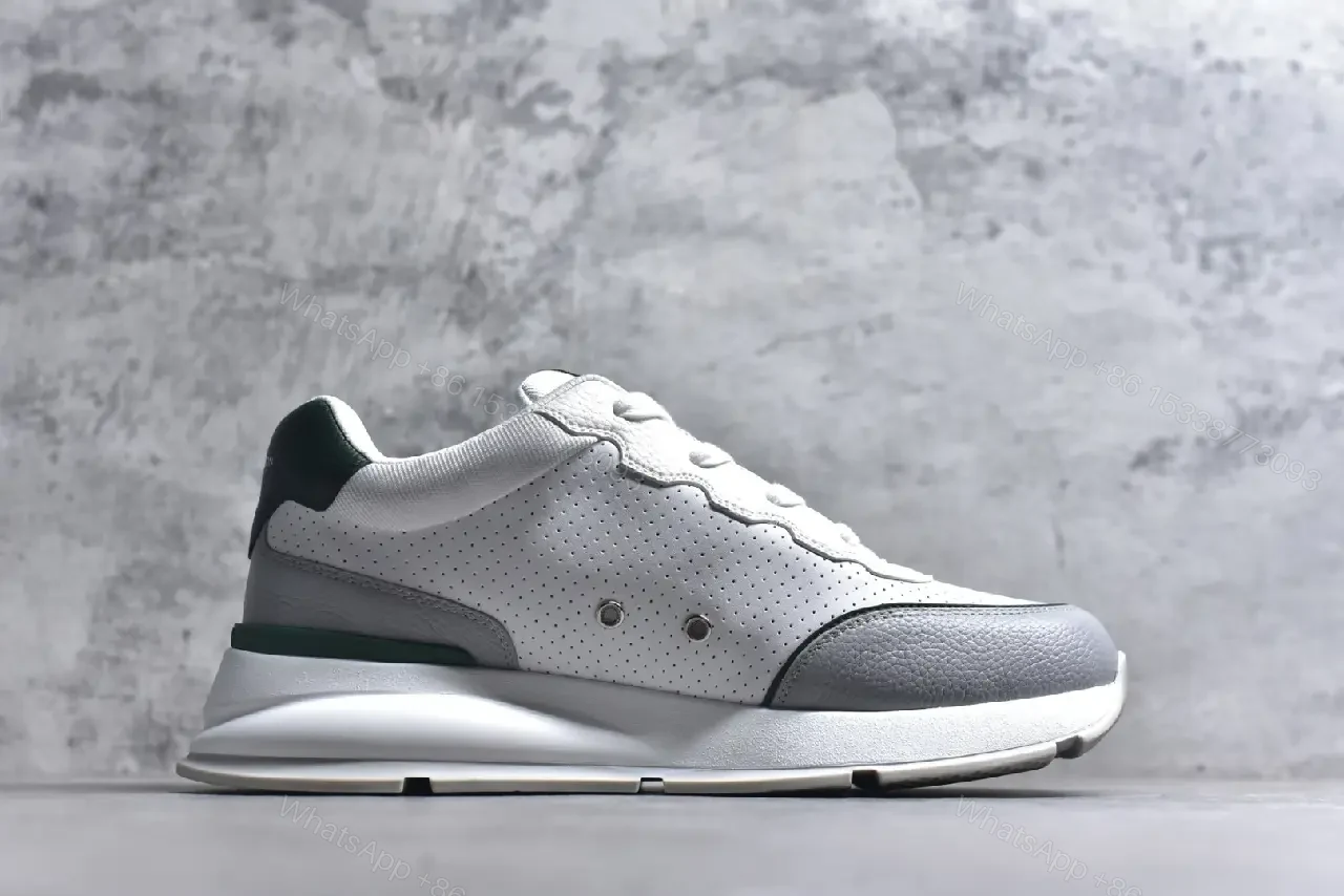 View 8 of Modern Knit-Sneaker in Grey Leather with Green Accents, Comfortable Everyday Luxury