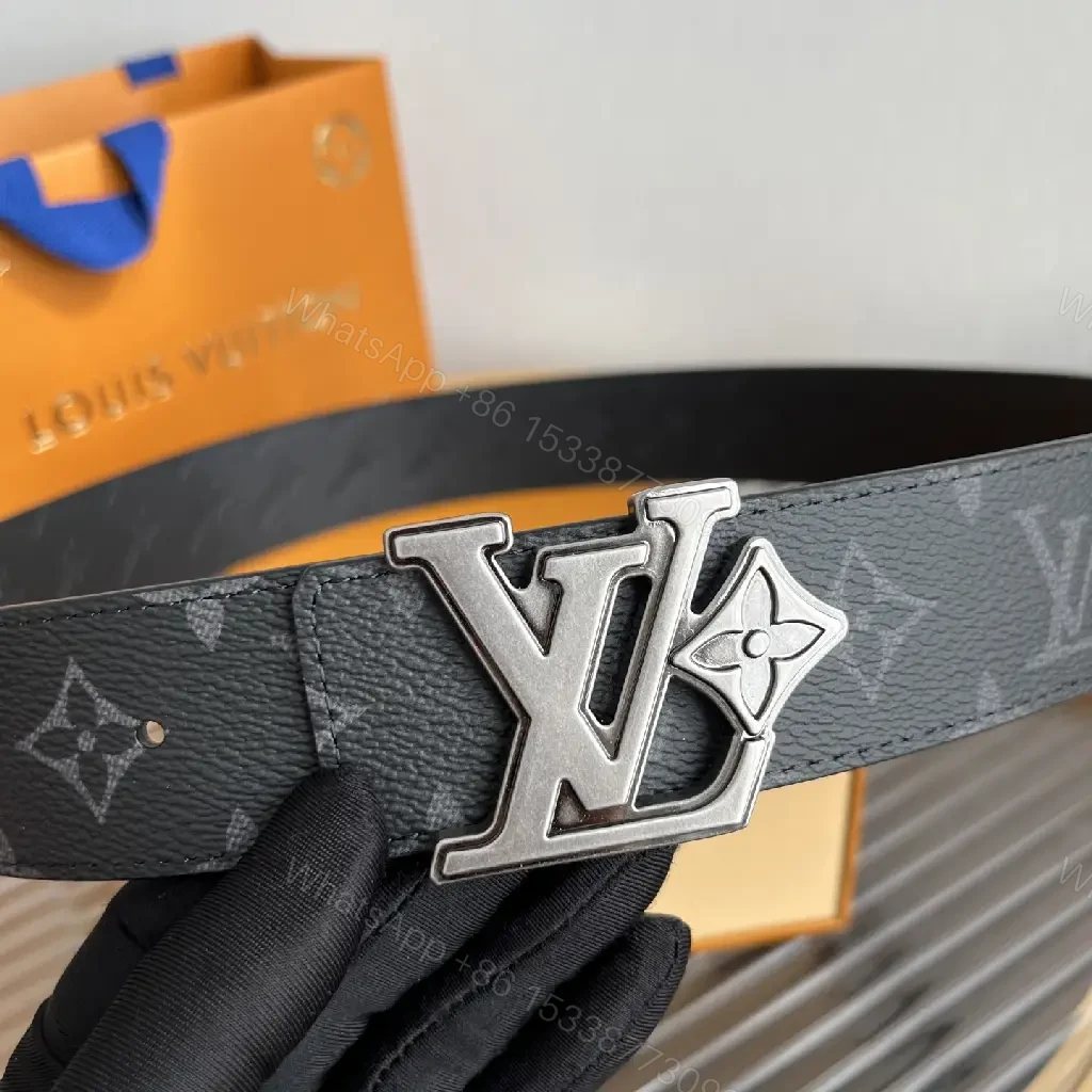 View 6 of Dark Gray/Black Leather Belt – LV Monogram, Pebbled Texture, Silver Buckle