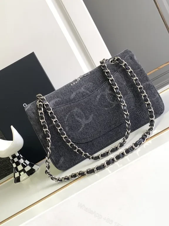 View 7 of Chanel-Style Denim Flap Bag with Crystal Chain Detail - Modern Luxury
