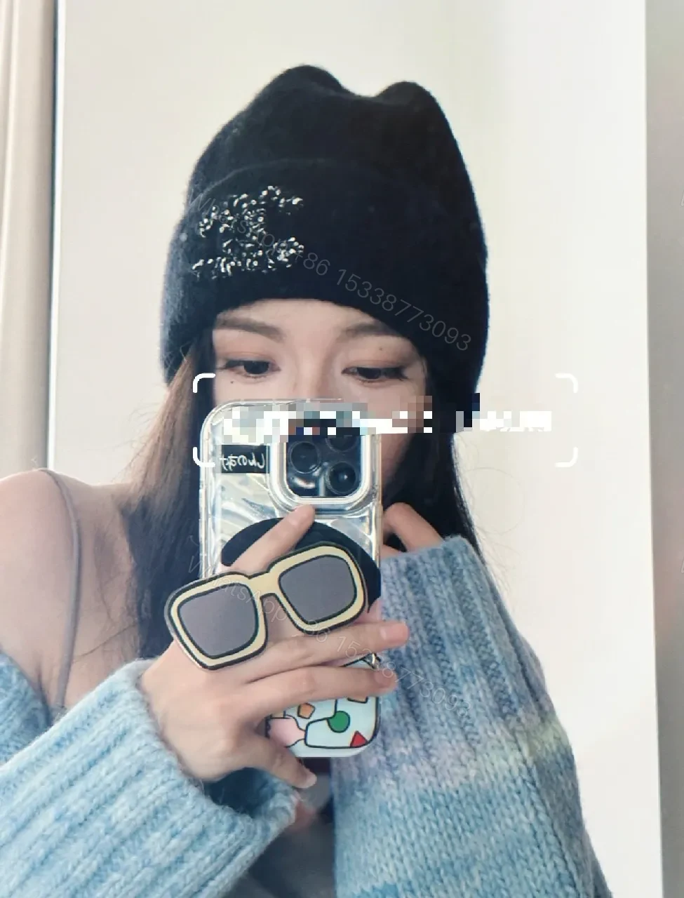View 8 of Gray Knit Beanie, Plush Fleece, Couture-Inspired Emblem