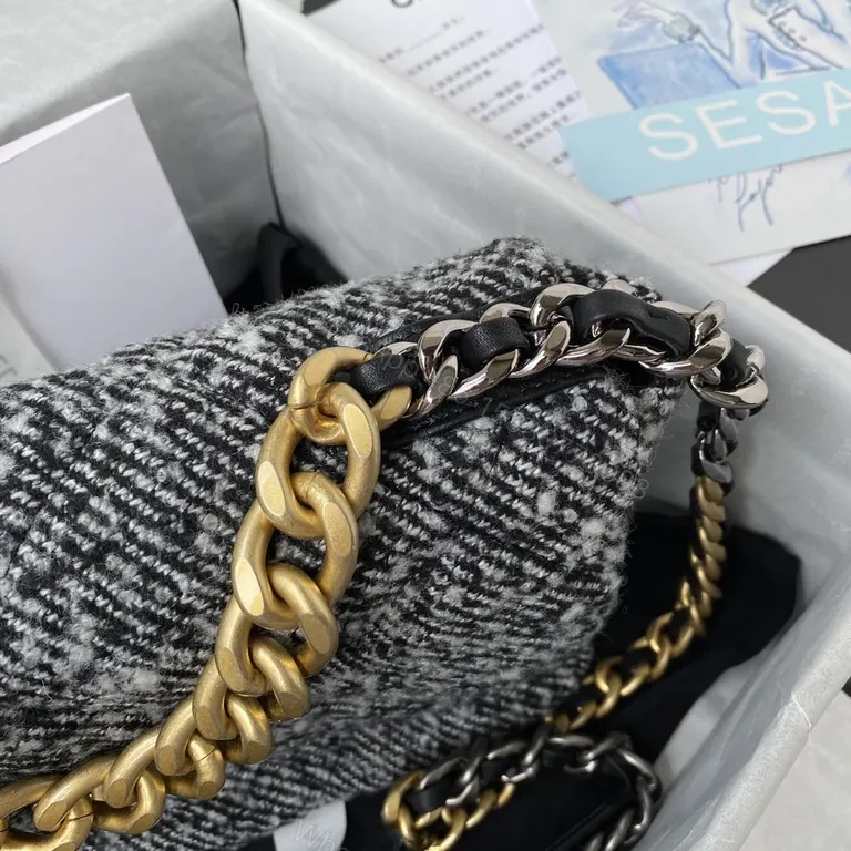 View 9 of Chanel-Inspired Tweed Canvas Handbag with Luxe Chain