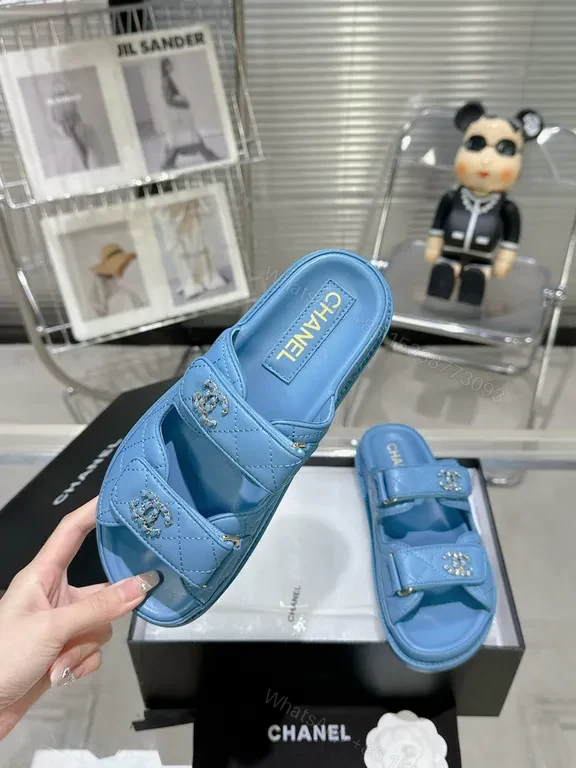 View 8 of Blue Chanel-Style Slide Sandals - Luxe Comfort, Quilted Chic