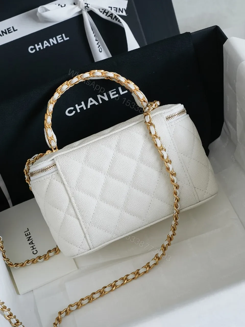 View 6 of White Quilted Mini Bag with Gold Chain