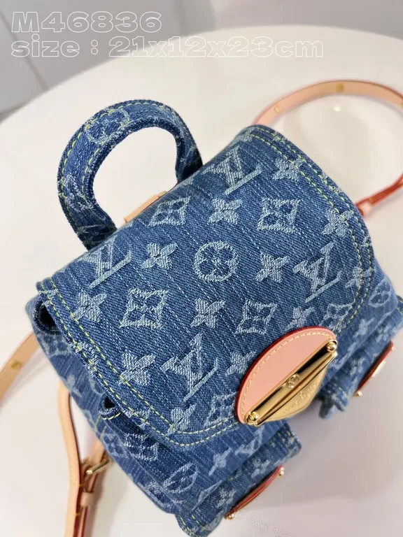 View 2 of Blue Denim Monogram Backpack - Gold Hardware, Imitation LV Style