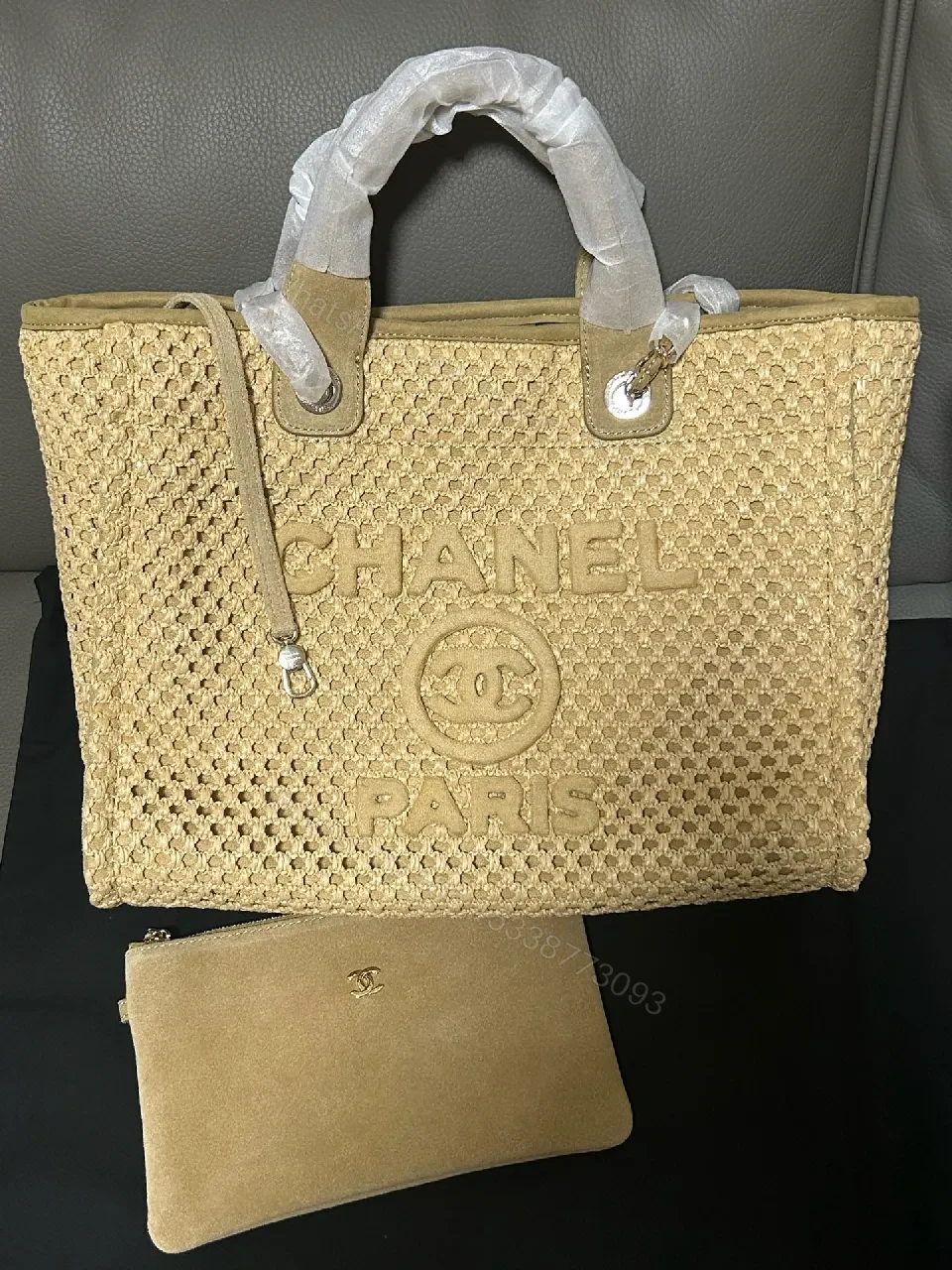 View 2 of Woven Tote with Sculpted Logo Detail + Top-Handle Carry