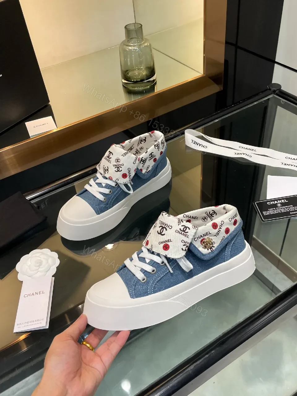 View 3 of Chic Denim High-Top Sneakers with Logo Cuff