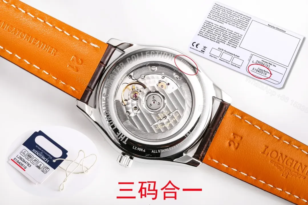 View 8 of Longines Master Collection Moon Phase 40mm Watch Silver Dial Blue Hands Brown Leather Strap