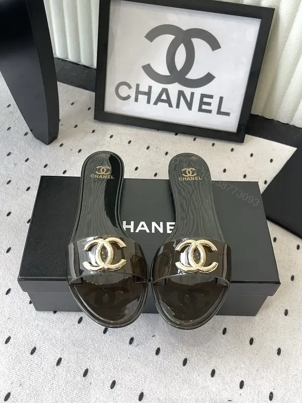 Black Patent Leather Slides Gold Chanel Logo - Slide Sandals — view 1