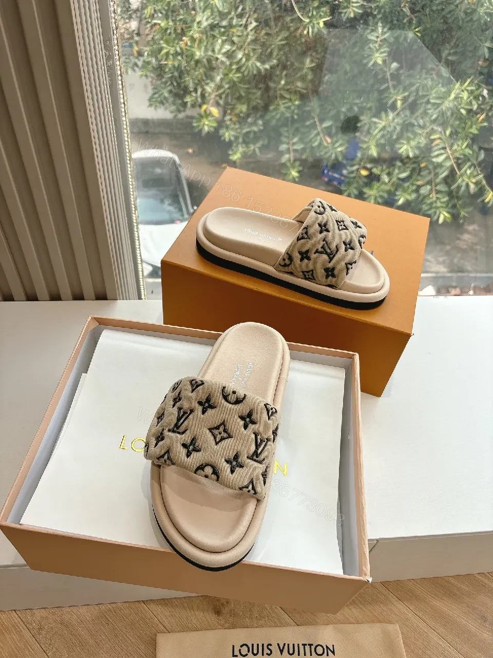 View 8 of Beige Monogram Sandals: Luxury Comfort Slip-Ons