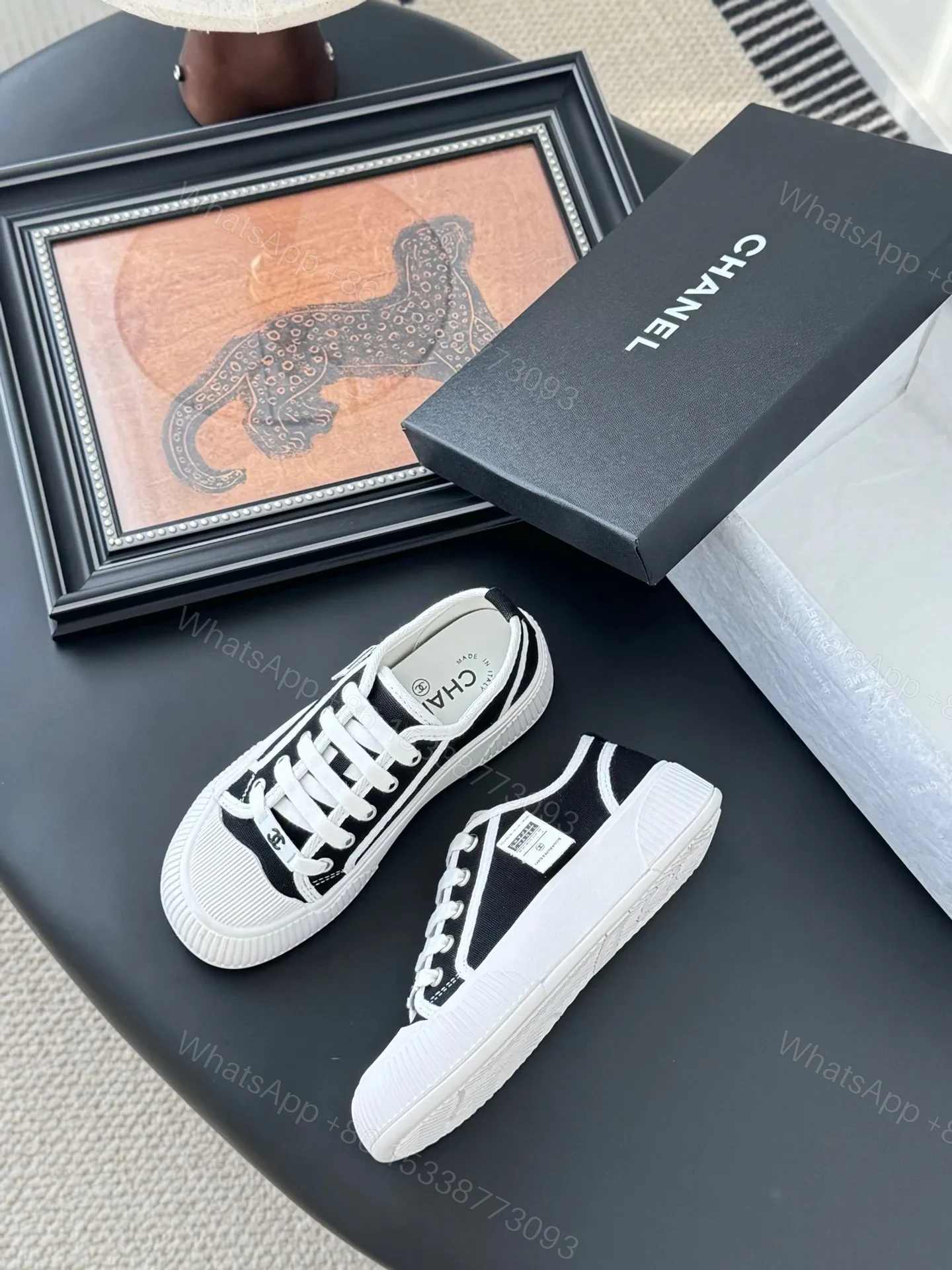 View 4 of Chanel Women Black Canvas White Trim Sneakers