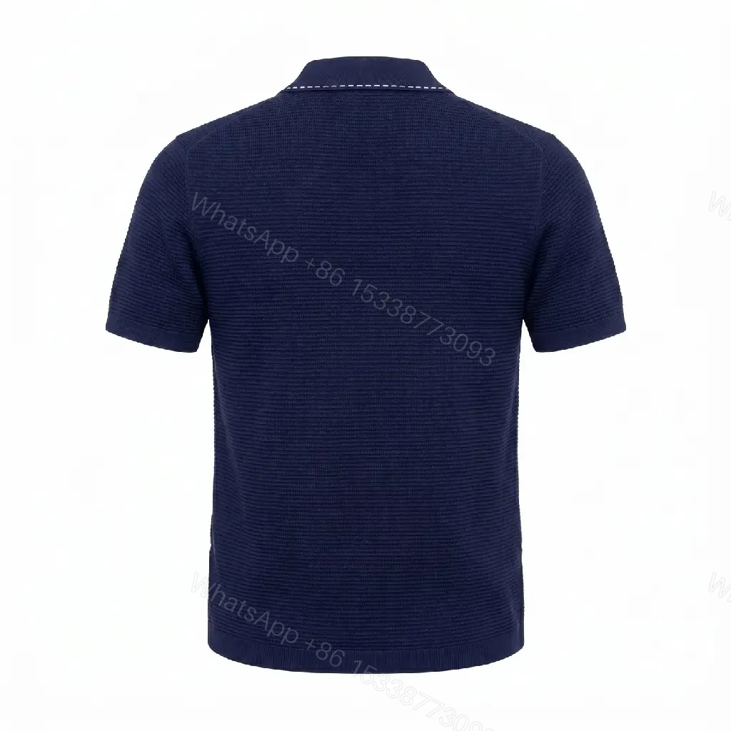 View 6 of Navy Knit Polo: V-Neck, Textured Grid, Pocket Detail, Versace Button