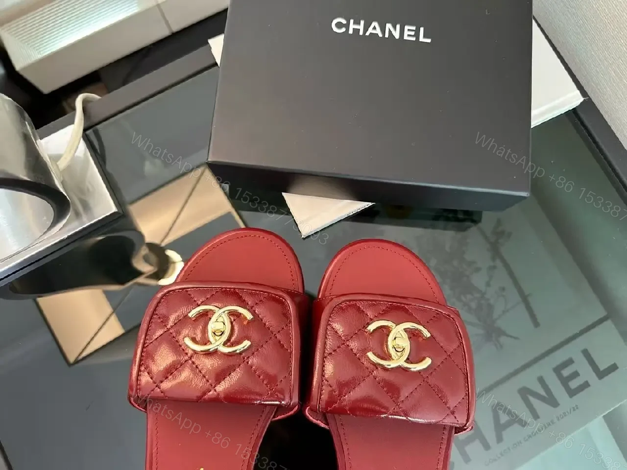View 3 of Velvet Red Slides with Gold Hardware – Luxe Comfort
