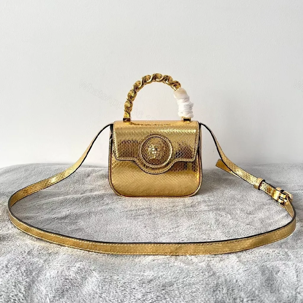 View 3 of Gold Snakeskin Mini Bag with Gourmet Handle