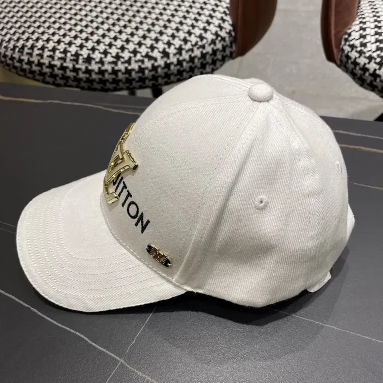 View 2 of Textured Cotton LV Cap: Gold Emblem Luxury Baseball Hat
