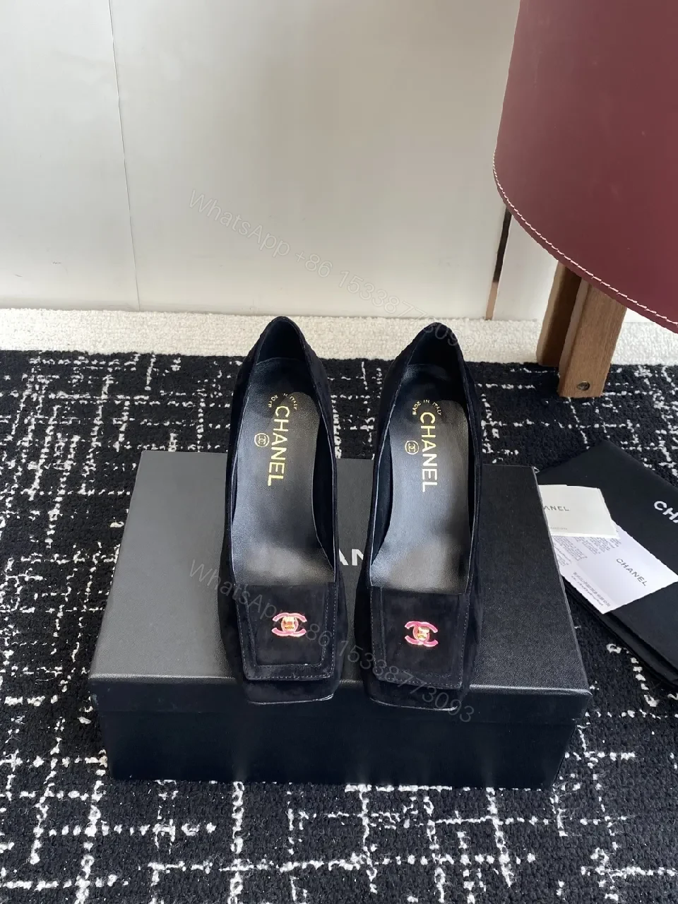 View 5 of Elegant Black Suede Pumps with Logo Detail Leather Heel