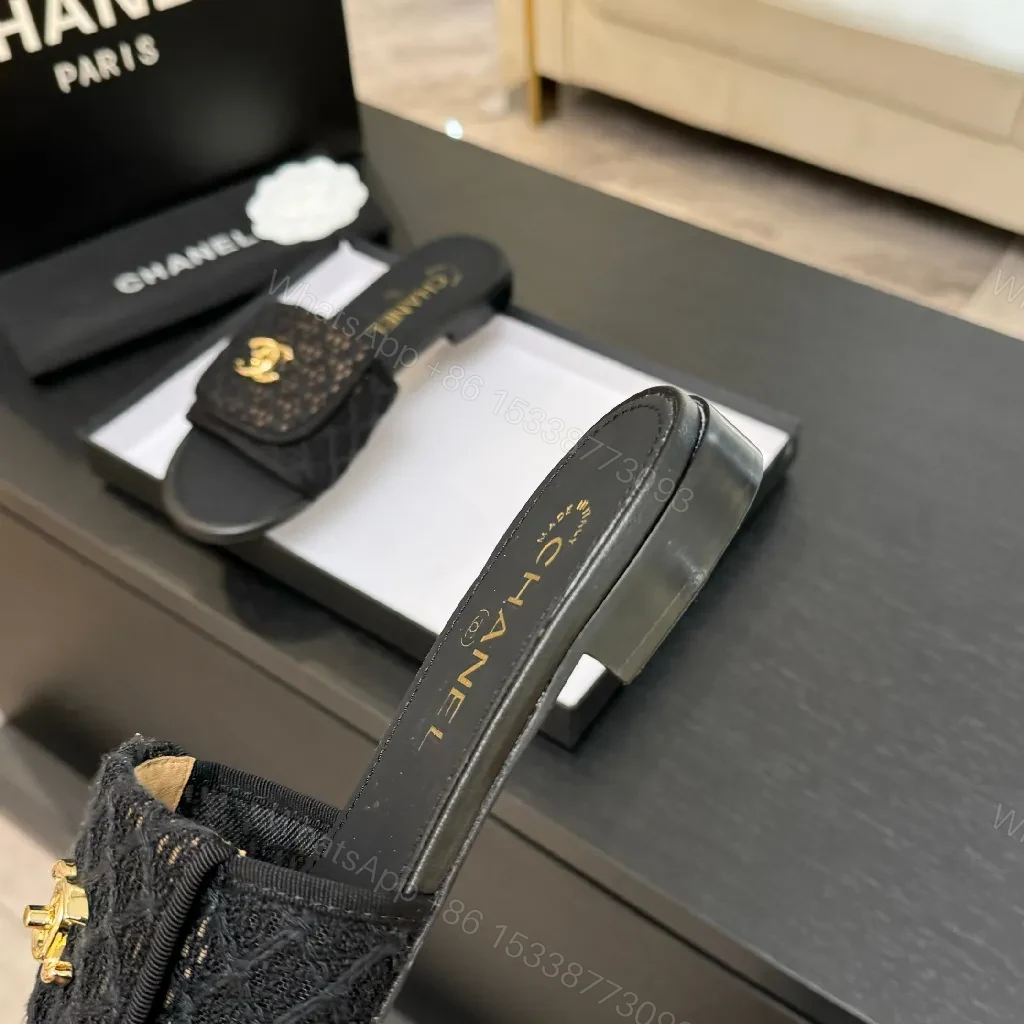 View 7 of Lux Black Chanel-Texture Slide with Gold Logo Accent