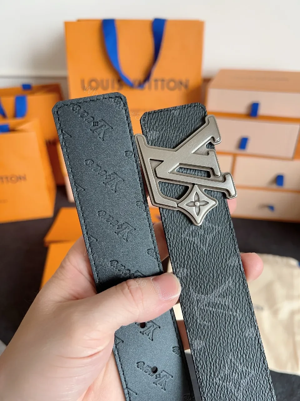 View 9 of Lux Slim LV-Pattern Belt: Monogram Leather, Silver Buckle, Modern Style