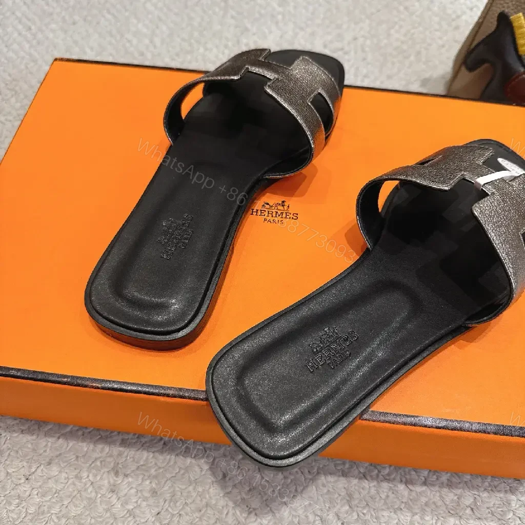 View 4 of Silver Hermès-Style H Sandals, Metallic Strappy Slide, Luxury Open Toe Slide