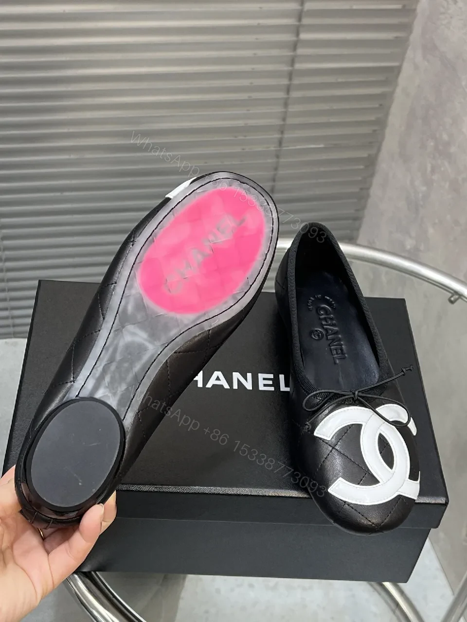 View 3 of Quilted Leather Ballet Flats with Logo Detail