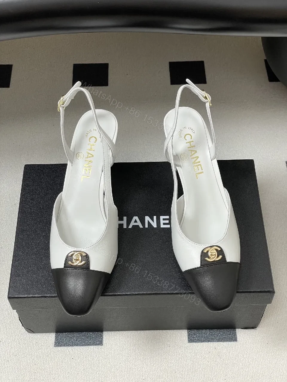 View 6 of Two-Tone Slingback Heels with Gold Logo Accent