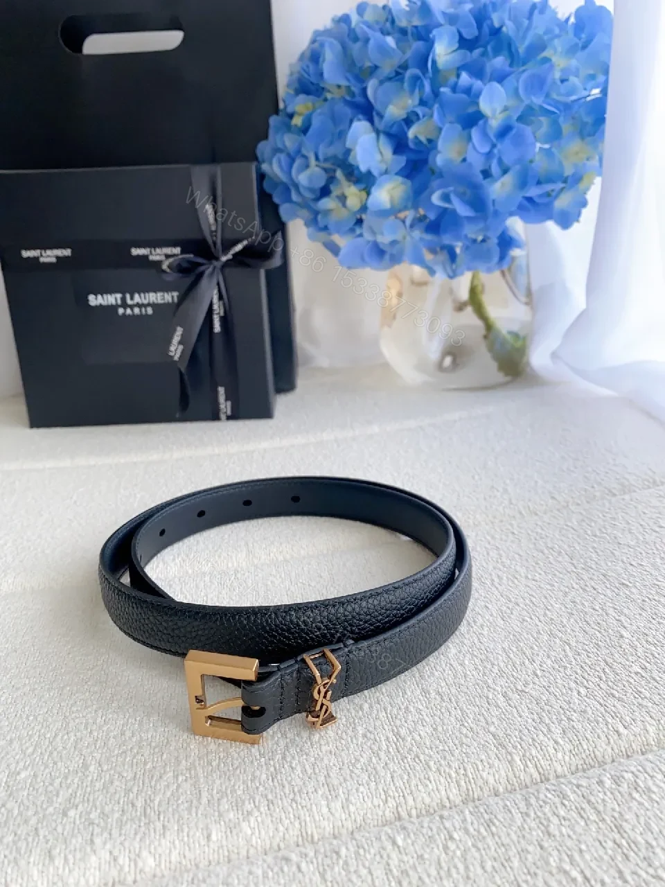 View 5 of Black Leather Belt with Matte Gold Buckle – Designer-Inspired Luxury Accessory