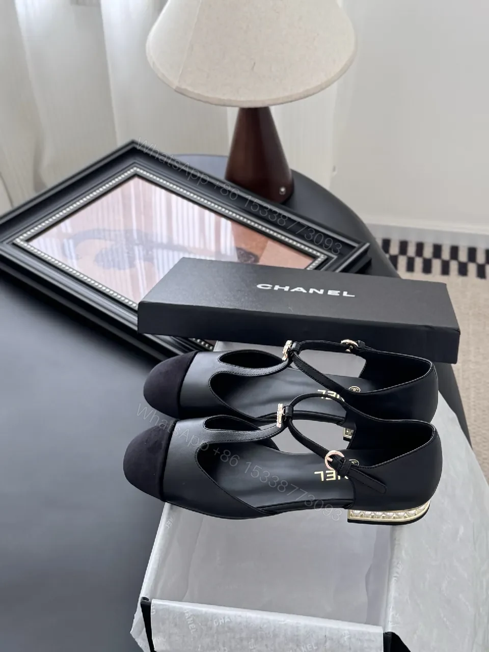 View 3 of Black Leather Slingback Heel with Pearl Trim