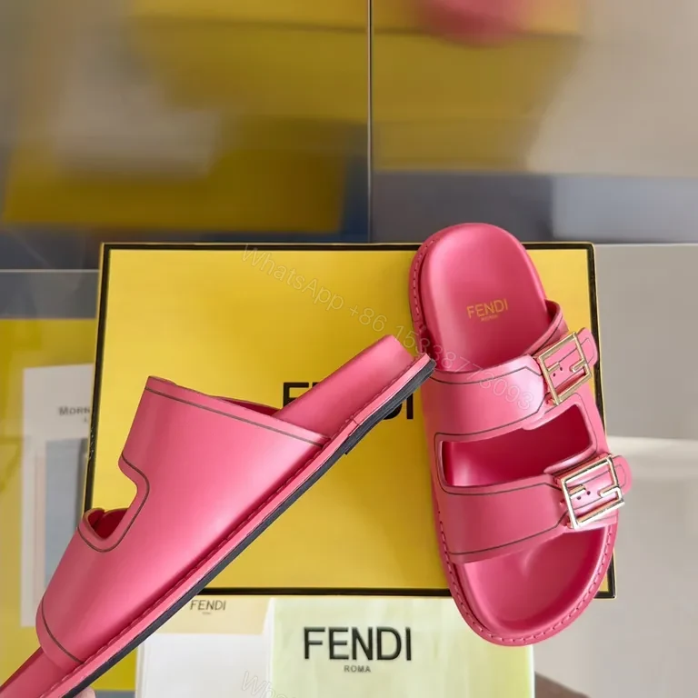View 5 of Vivid Pink Fendi Leather Slides â€“ Bold Comfort, Elevated Casual