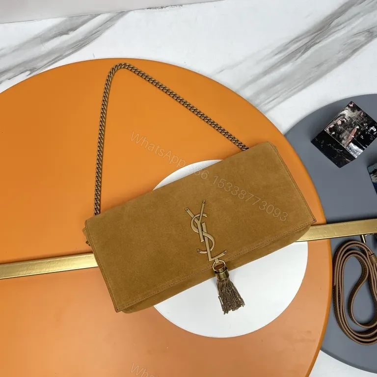 View 7 of Camel Suede Crossbody Bag with Gold YSL Emblem - Tassel Detail