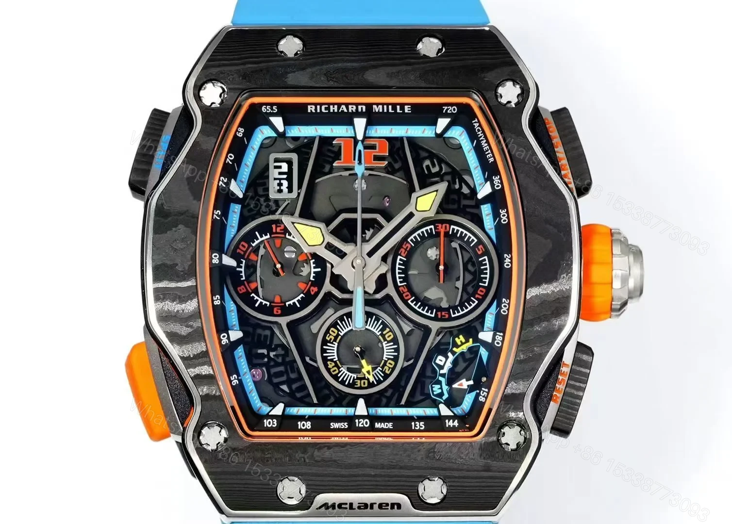 View 5 of Richard Mille RM65-01 McLaren W1 Automatic Chronograph Watch Blue Strap Carbon TPT Titanium Skeleton Dial RMAC4 Movement Premium Edition RM65-01-MCL-W1-BLU