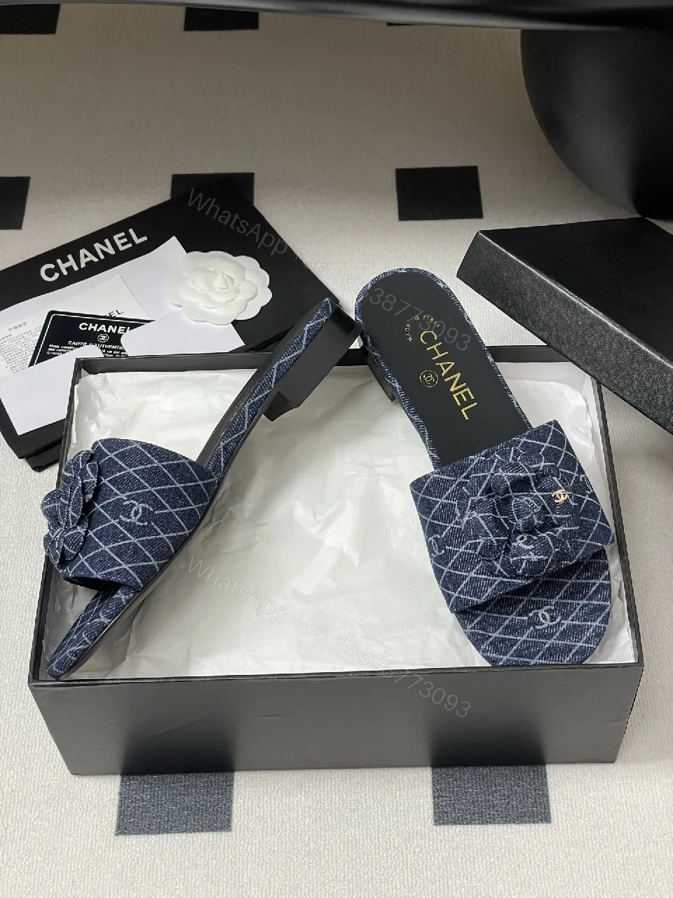 View 6 of Denim Pattern Slip-Ons with Signature Flower Bow Mule