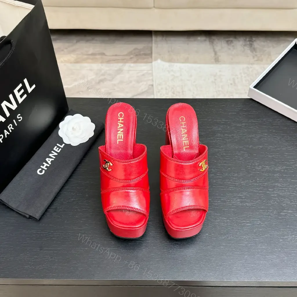 View 2 of Bold Red Patent Platform Mules with Luxe Logo Hardware