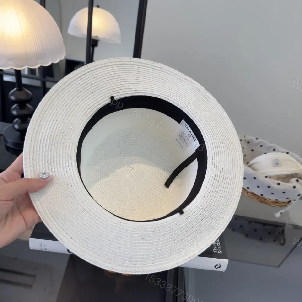 View 8 of White Straw Hat, Elegant Chic Fedora, Pearl Band, Roses, Chanel Charm, Wide-Brimmed Hat