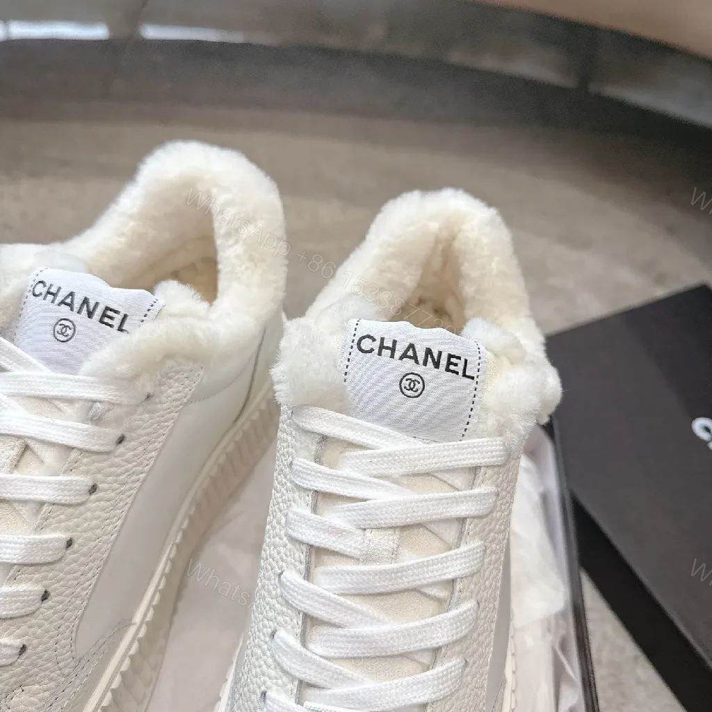 View 3 of White Leather Platform Sneakers with Plush Shearling