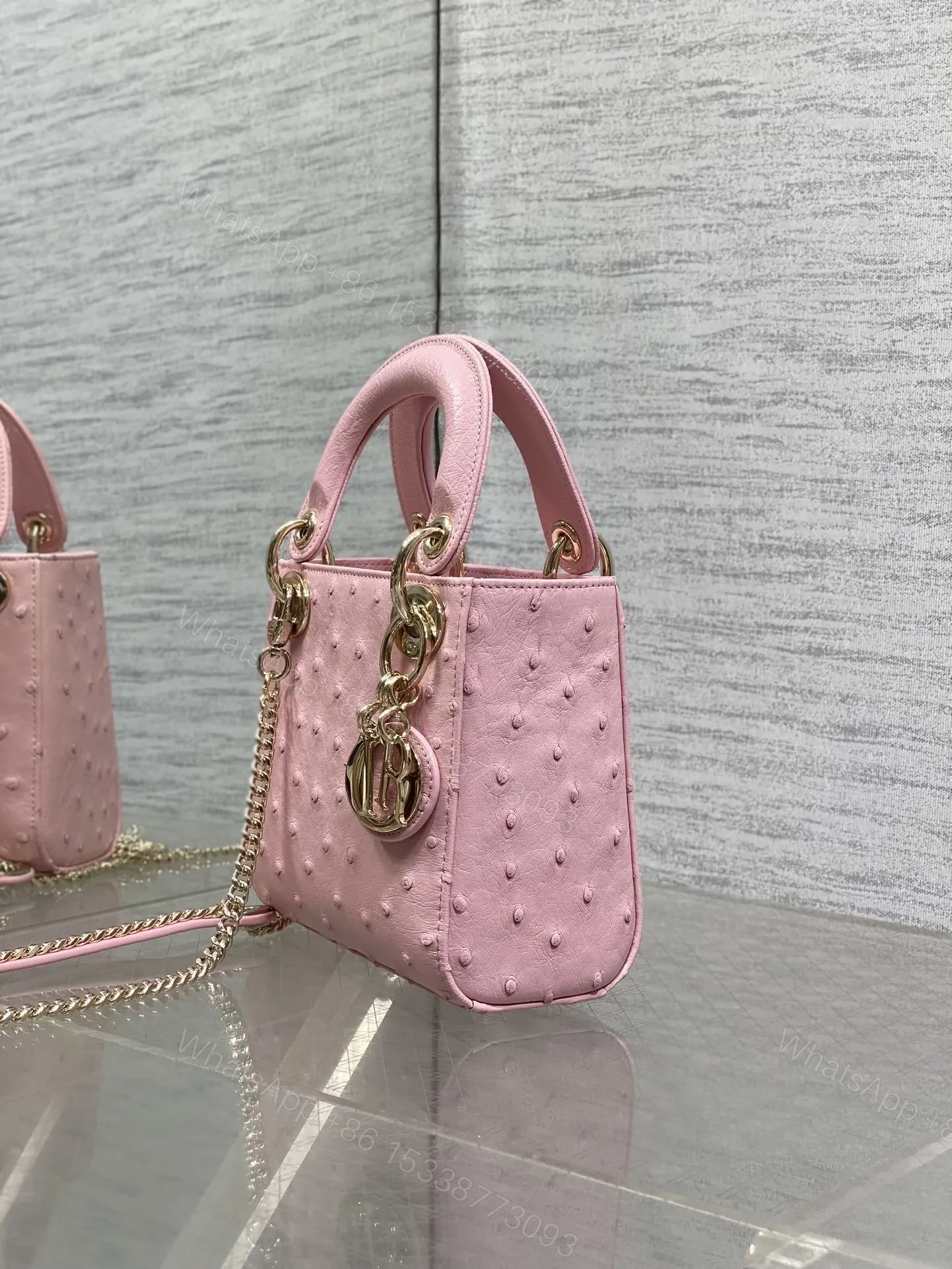 View 4 of Christian Dior Mini Lady Dior bag in Pink ostrich leather