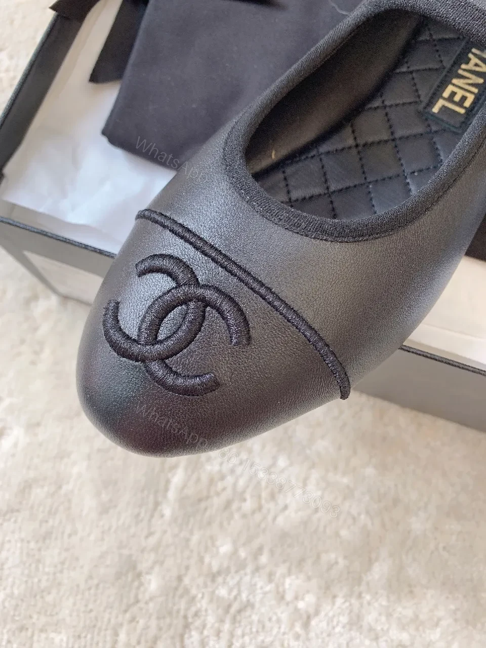 View 2 of Black Leather Mary Jane Flats with Logo Embroidery