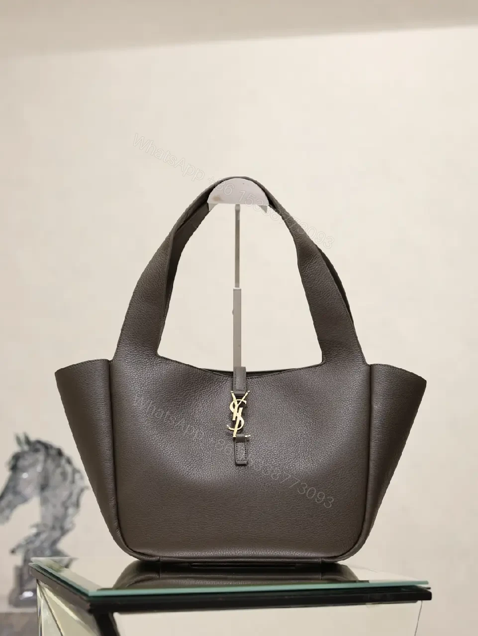 View 2 of Dark Brown/Black Pebbled Leather Tote with Gold YSL Charm