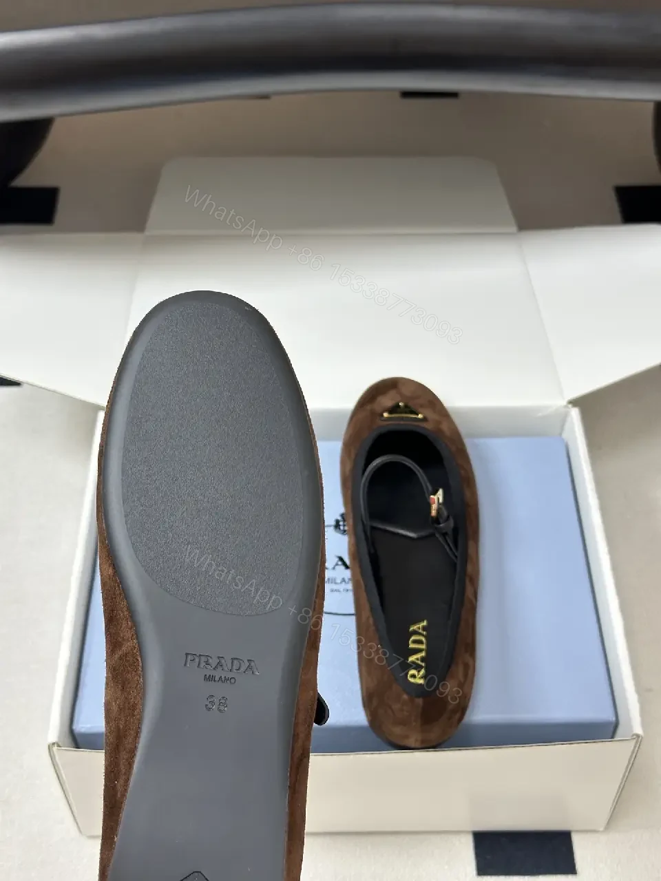 View 9 of Brown Suede Mary Jane Flats Black Trim Classic Prada-Style Logo Shoe