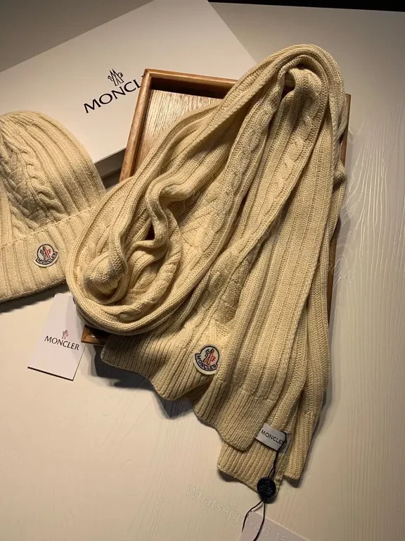 View 3 of Beige Ribbed Knit Beanie & Scarf Set â€“ Moncler Luxury Winter Accessory