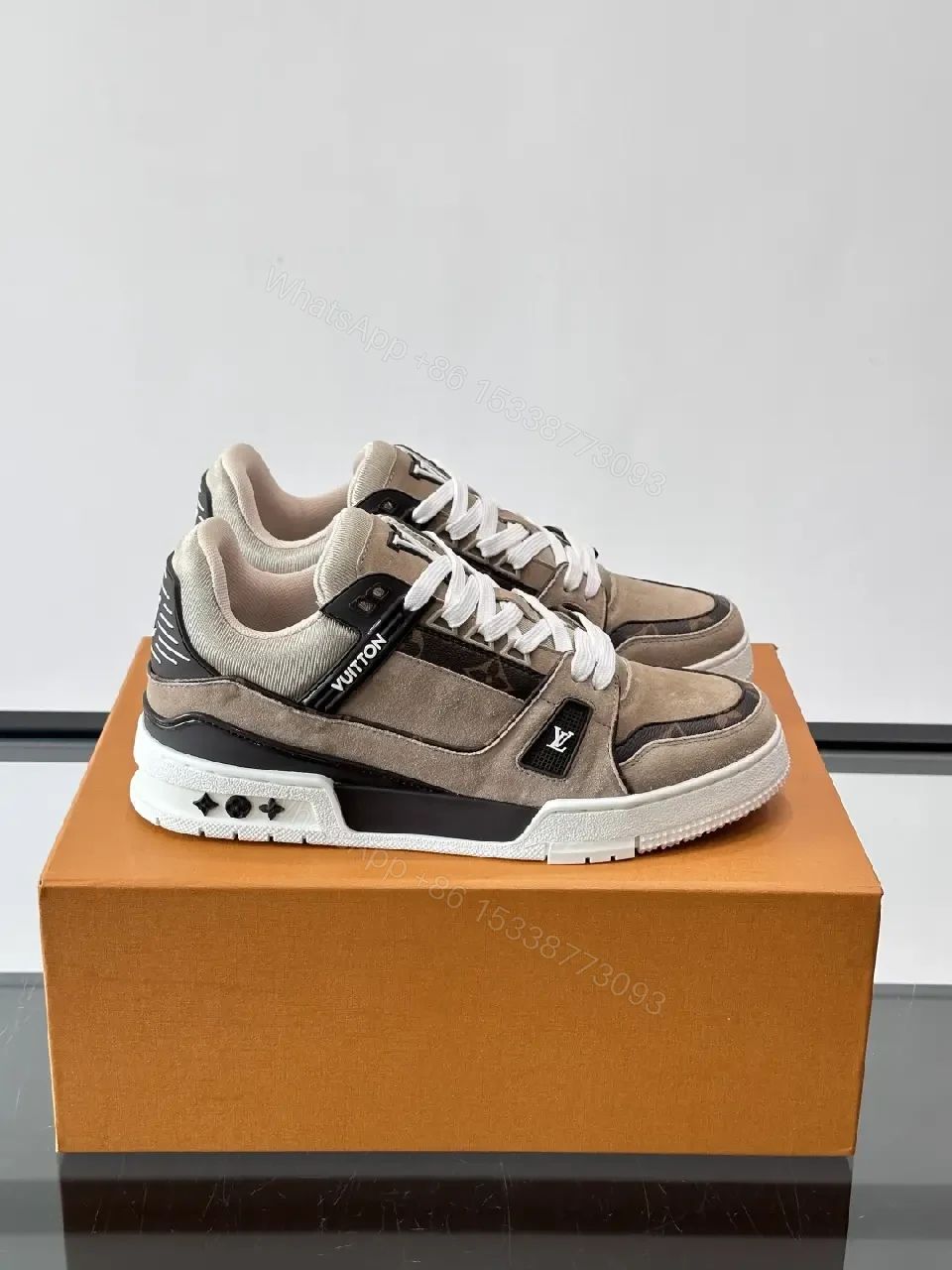 View 8 of Beige Suede Fabric Style Trainer Louis Vuitton Inspired Sneakers