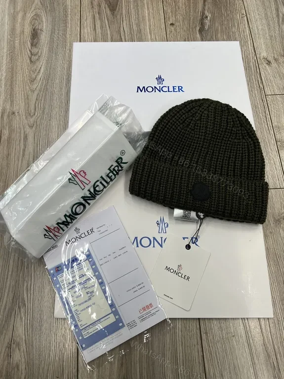 View 9 of Caramel Knit Beanie: Moncler Ribbed Wool Style, Logo Patch, Unisex