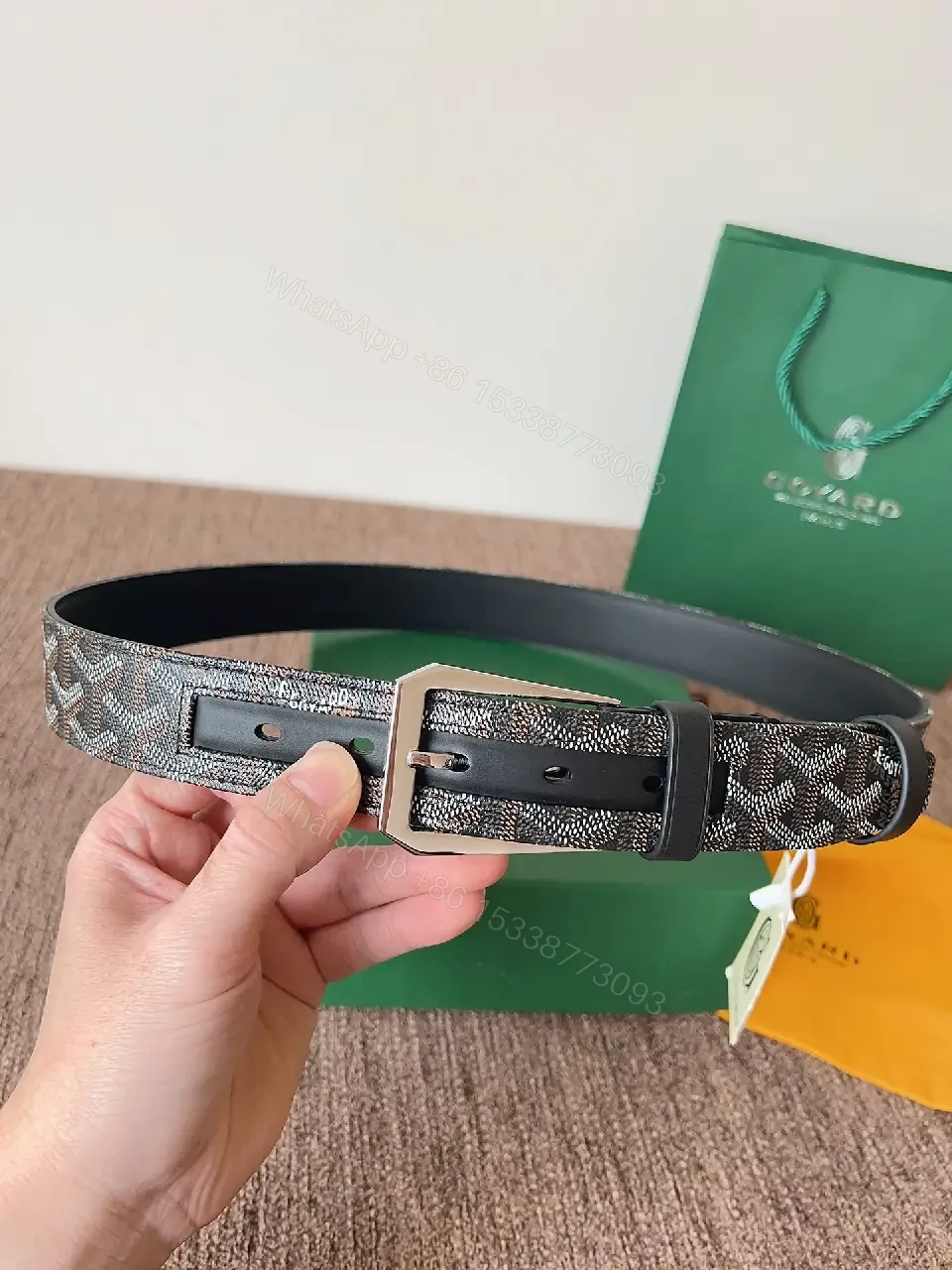 View 5 of Textured Leather Belt with Signature Hardware, Slim Webbing buckle