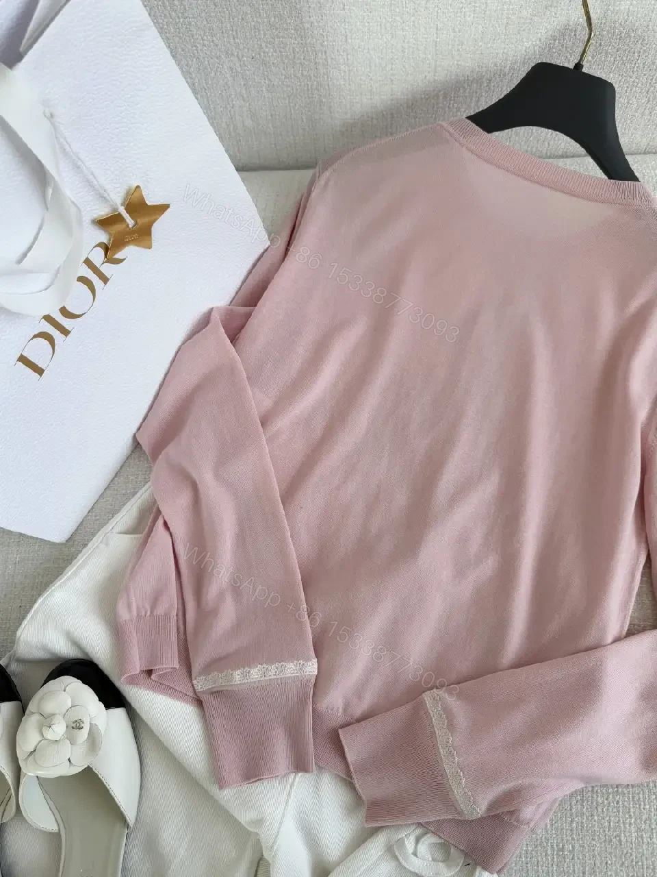 View 4 of Soft Pink Lace Trim Cardigan Knit with Embossed Eyelets (Dior-inspired)