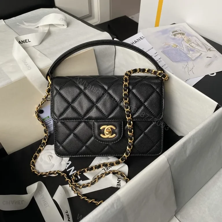 Compact Quilted Calfskin Bag with Gold Chain Strap — view 1
