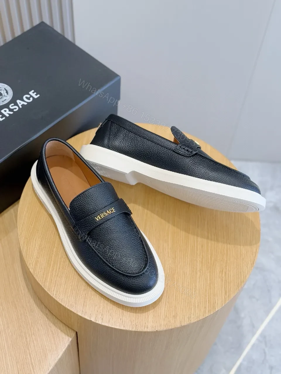 View 7 of Navy Leather Penny Loafers with Gold Hardware & White Sole