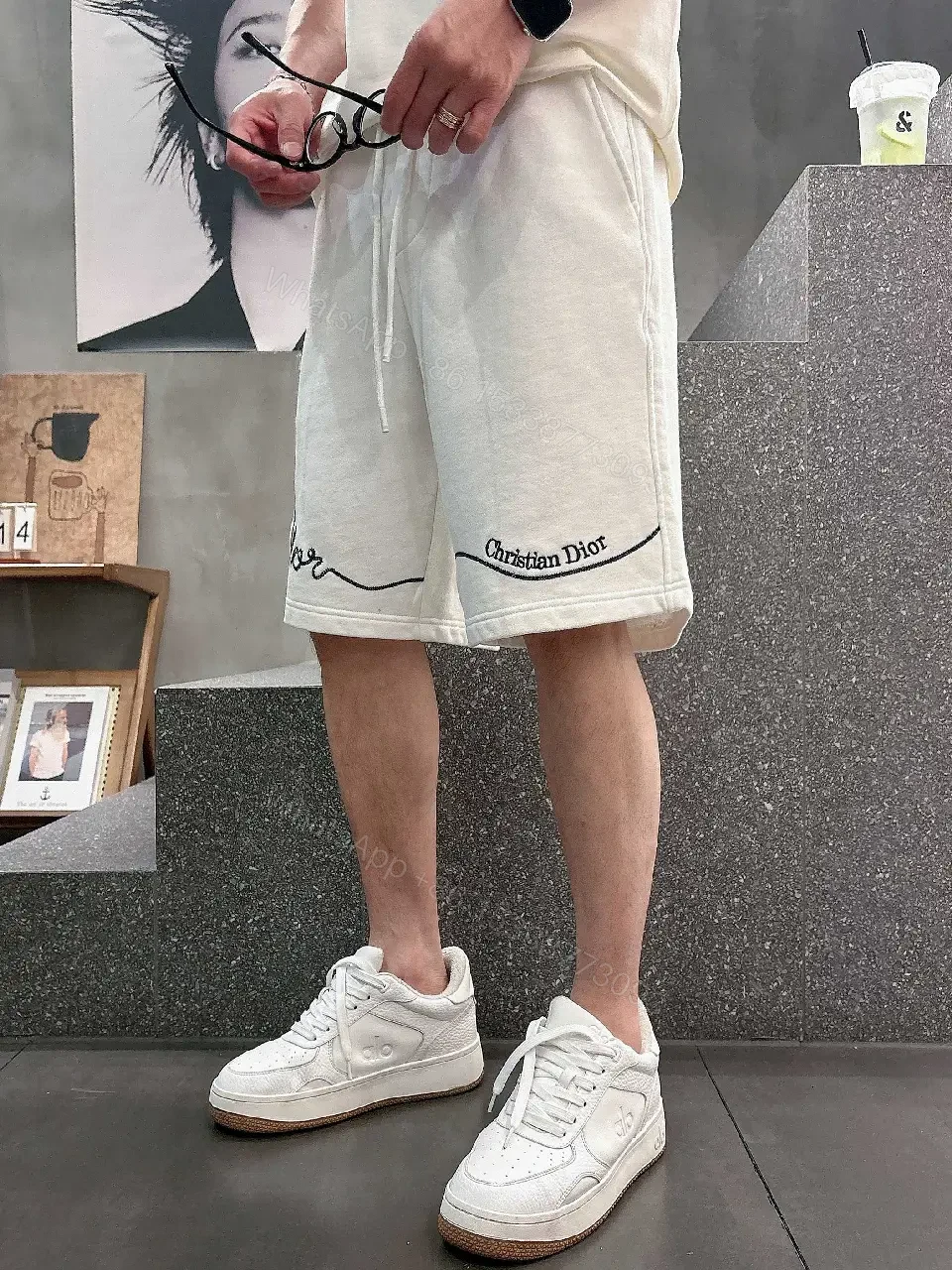 View 3 of White Knit Shorts Cotton Blend Casual Embroidered Script Short pants