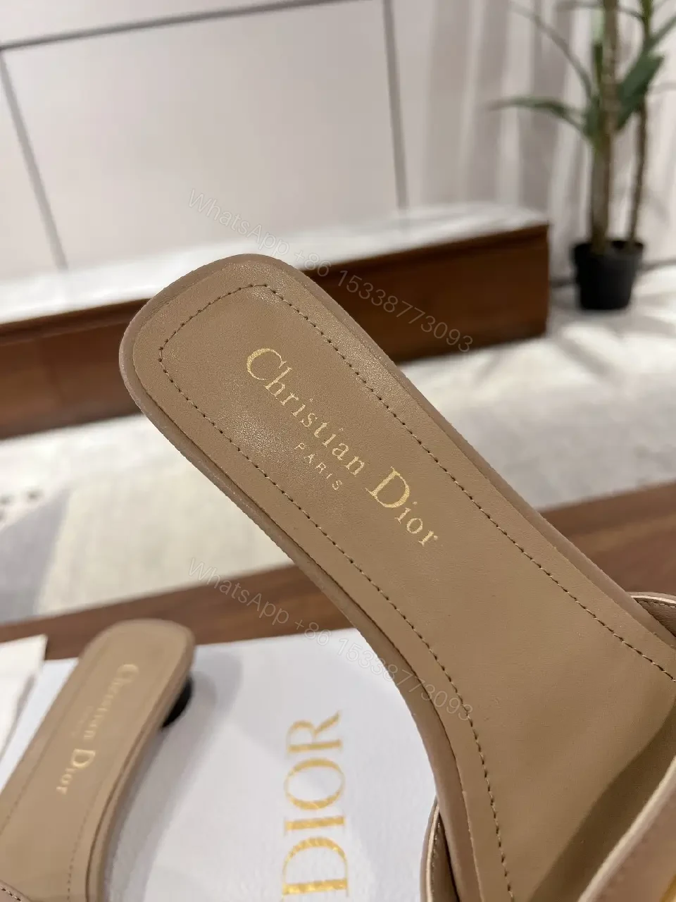 View 9 of Beige Leather Slide Sandals with Gold Logo Buckle, Dior Style