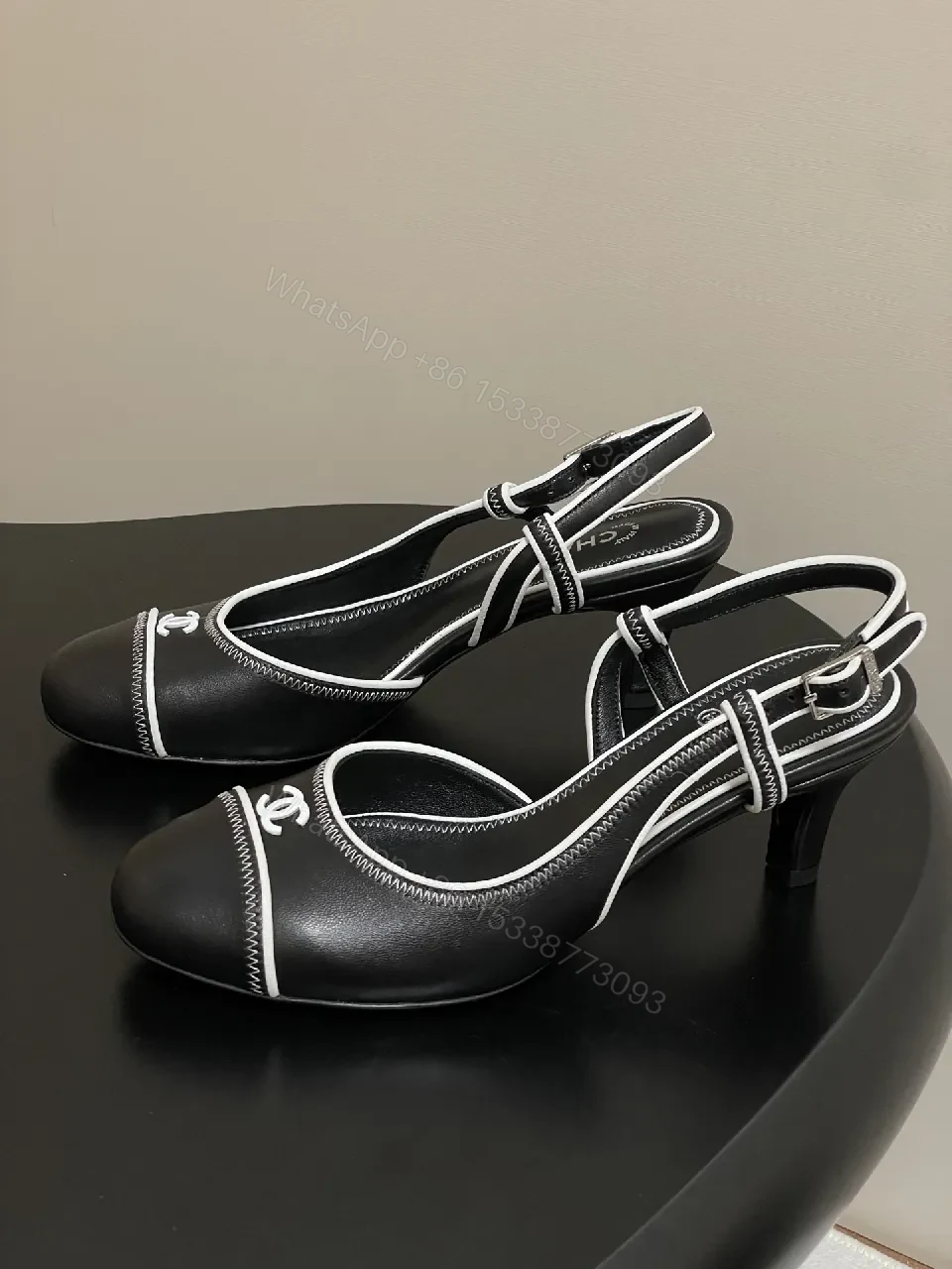 View 3 of Satin-Lace Slingback Heels with Signature Stitch Detail