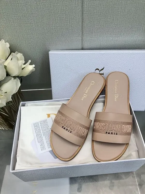 Pink Beige Leather Slide Sandals with Dior Band - Paris Theme — view 1